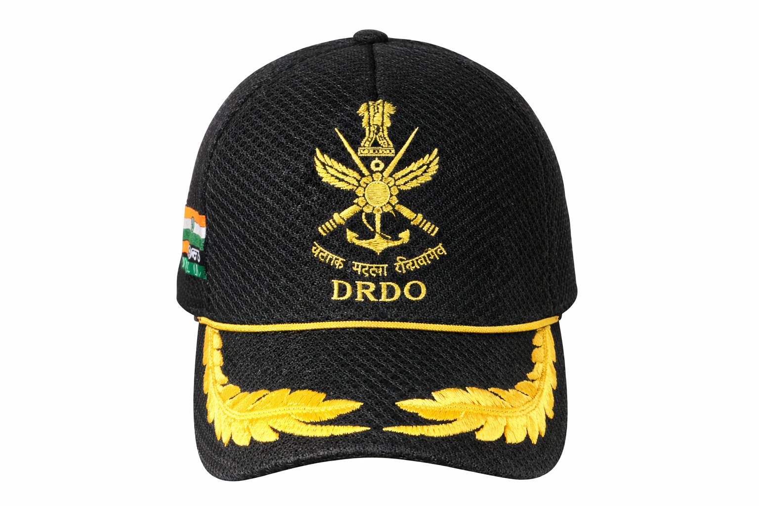 DRDO Embroidered Officer Cap – Black with Golden Peak